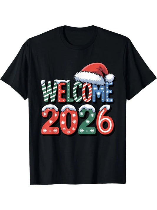 Festive Men's Black Graphic T-Shirt Welcome 2026 Santa Hat Snowflake Candy Cane Striped Number Holiday Letter Print 100% Cotton Heavyweight Short Sleeve Casual Streetwear Tee