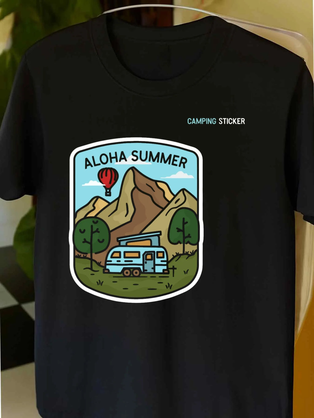 Vintage Men's Black Graphic T-Shirt Aloha Summer Mountain Camper Van Hot Air Balloon Tree Scenic Travel Print 100% Cotton Heavyweight Short Sleeve Casual Streetwear Tee