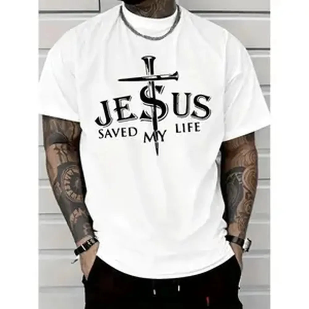 Men's Relaxed Fit Graphic T-Shirt, Soft 100% Cotton Round Neck with "Saved My Life" Cross Sublimation Print for Casual Wear