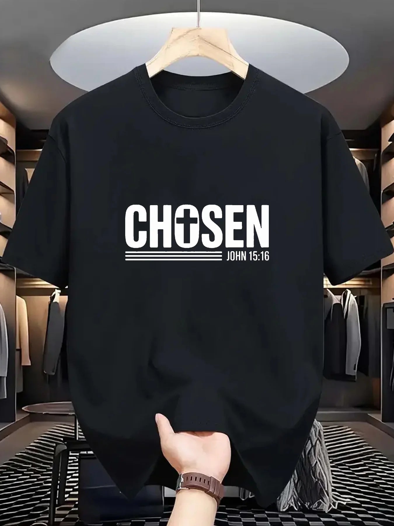 Men's T-Shirt with CHOSEN John 15:16 Verse Print - Short Sleeve Round Neck Casual Shirt, Regular Fit Suitable for Casual Attire, Church Events & Religious Gifts, Machine Washable Year-Round