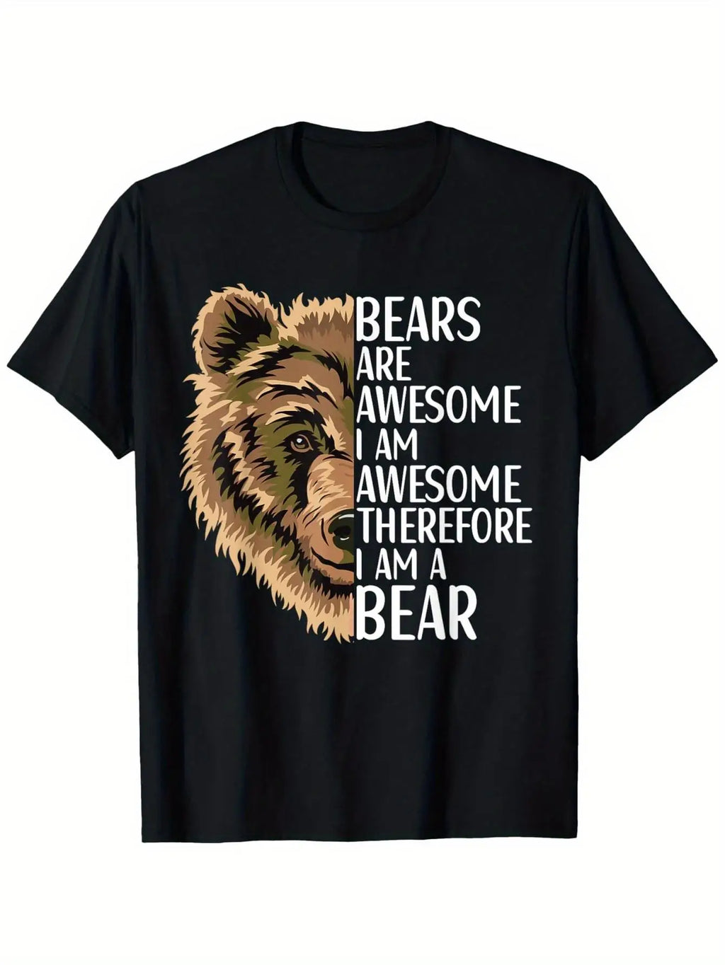 Bear Apparel Men's Women's Boys' Girls' Grizzly Bear Graphic T-Shirt - Bears Are Awesome Wildlife Design, Slim Fit Casual Tee, Black Shirt with Brown & White Bear Print, Machine Washable Outdoor Casual Wear for all-Season, PLUS SIZE