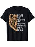 Bear Apparel Men's Women's Boys' Girls' Grizzly Bear Graphic T-Shirt - Bears Are Awesome Wildlife Design, Slim Fit Casual Tee, Black Shirt with Brown & White Bear Print, Machine Washable Outdoor Casual Wear for all-Season, PLUS SIZE