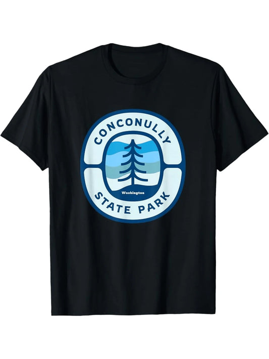 Vintage Men's Black Graphic T-Shirt Conconully State Park Pine Tree Lake Mountain Washington Badge Print 100% Cotton Heavyweight Short Sleeve Casual Streetwear Tee