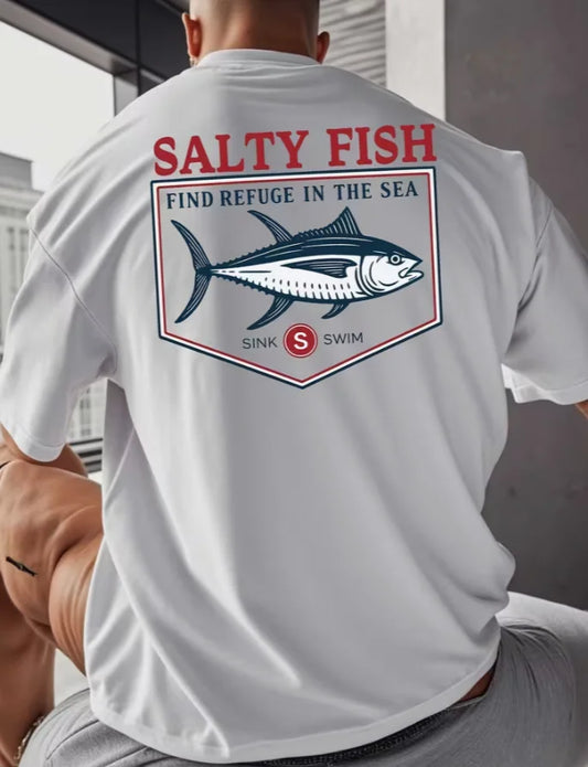 SALTY FISH Men's Fishing T-Shirt with Mackerel & Tuna Print Loose-Fit Short Sleeve Shirt Saltwater Anglers and Casual Attire
