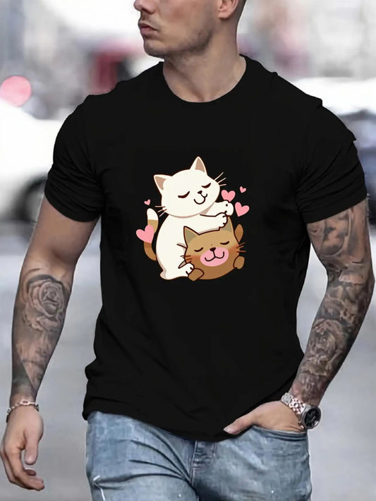 Cute Men's Black Graphic T-Shirt Hugging Cat Pair Pink Hearts Kawaii Cartoon Pet Love Illustration 100% Cotton Heavyweight Short Sleeve Casual Streetwear Tee