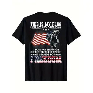 Vintage Patriotic American Flag & Soldier Print T-Shirt - 100% Cotton Unisex Casual Tee with Bold "Stand for Freedom" Slogan, Regular Fit Short Sleeve Shirt for Men & Women - Ideal Gift for Dad, Mom, Friends, American Flag Clothes