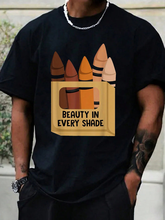 Trendy Men's Black Graphic T-Shirt Crayon Box Beauty in Every Shade Bold Letter Print Brown Beige Illustration 100% Cotton Heavyweight Short Sleeve Casual Streetwear Tee
