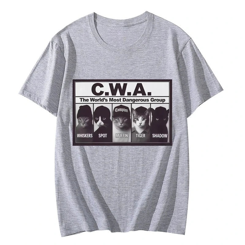 HOT SALE CWA The Worlds Most Dangerous Group Funny Cat Meme Graphic T Shirts Fashion Vintage Short Sleeve T-shirt Cotton T-shirt