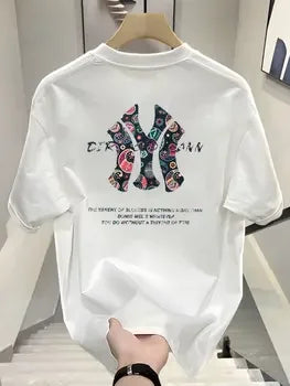 Trendy Brand Printed Short-sleeved T-shirt for Men's Summer, New Pure Cotton Round-neck Loose Casual Half-sleeved Top Clothing
