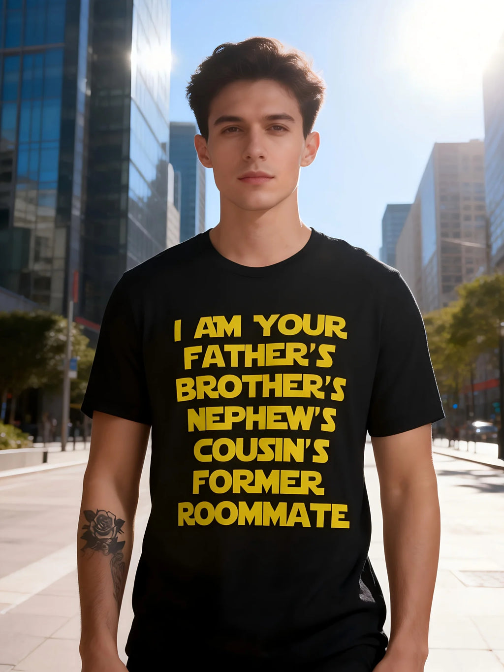Mens Spaceballs Movie Quote Graphic T-Shirt - I Am Your Fathers Brothers Nephews Cousins Former Roommate Black with Yellow Print, Breathable Crew Neck Tee, Regular Fit Casual Short Sleeve Top for All Seasons, Astronaut, Plus Size