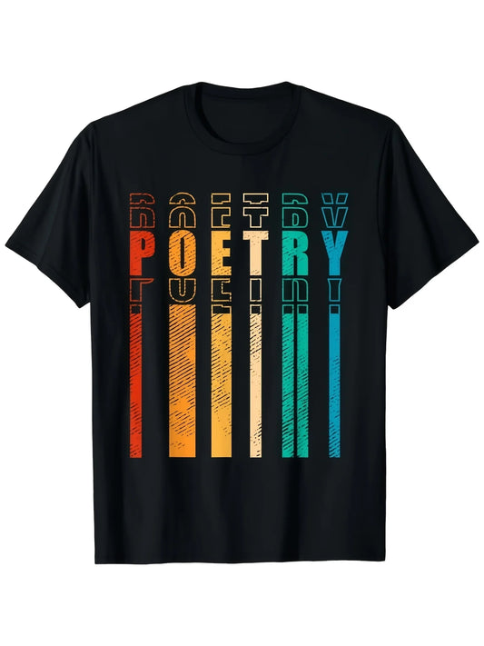 Vintage Men's Black Graphic T-Shirt Poetry Word Stack Retro Typography Color Block Distressed Vertical Stripe Illustration 100% Cotton Heavyweight Short Sleeve Casual Streetwear Tee