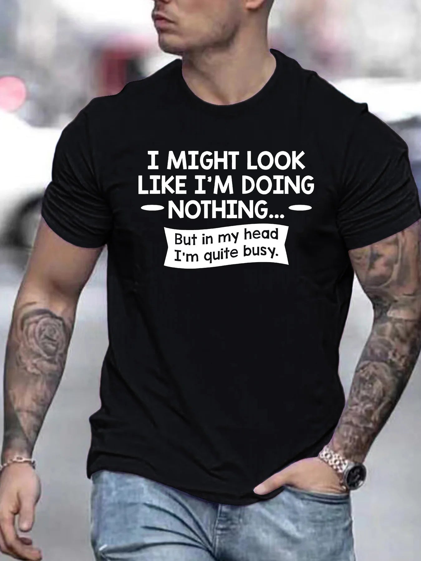 Men's Funny Sarcastic T-Shirt - "I May Look Like I'm Doing Nothing... But Actually I'm Busy" - Soft Breathable Cotton Casual Short Sleeve Crew Neck Tee with Humorous Inside-Joke for Spring Summer Casual Attire, PLUS SIZE