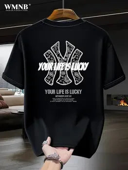 American Streetwear Brand Pure Cotton Short-sleeved T-shirt for Men, Black Letter Printed Loose and Cool Top Oversized T Shirt