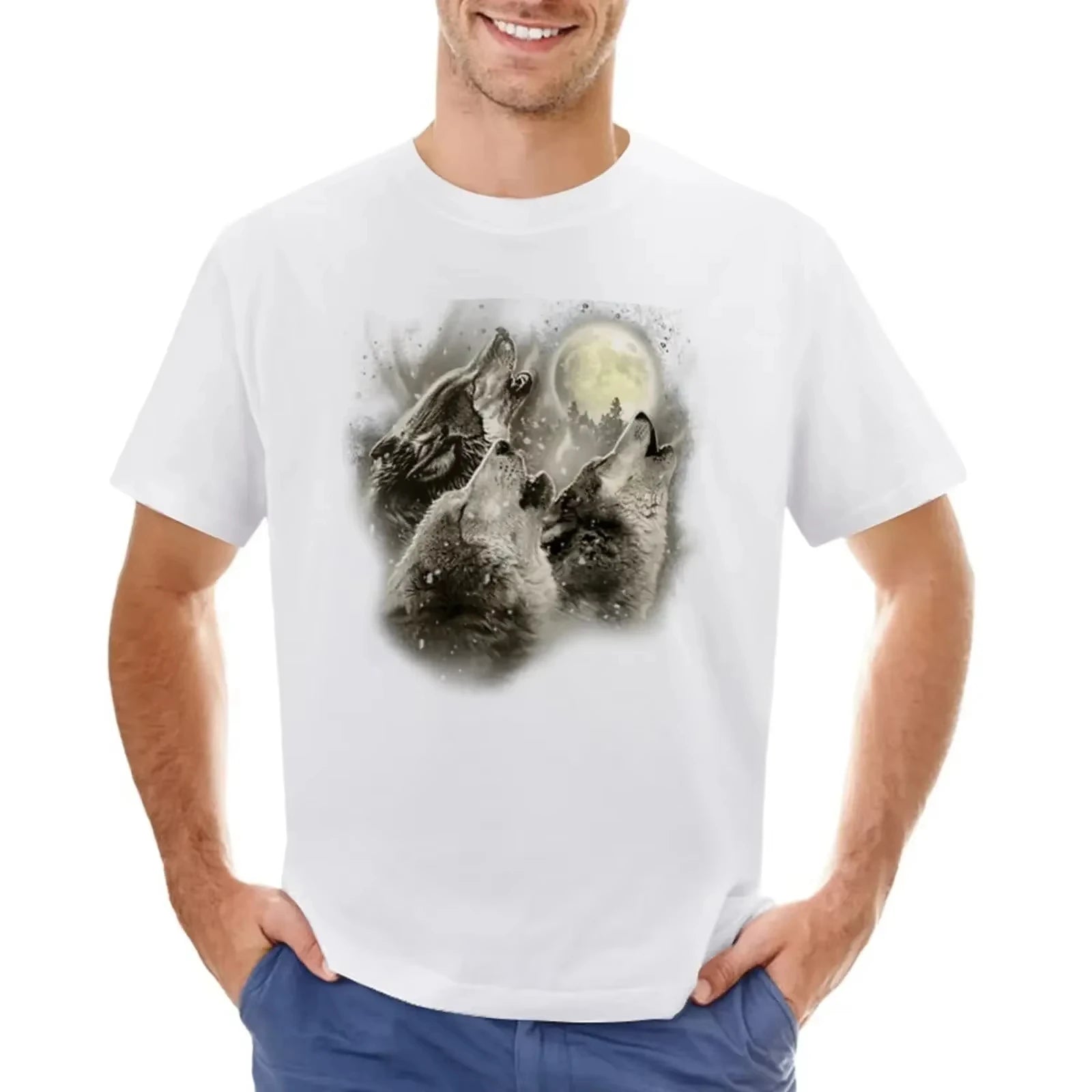 Three Wolves Howling in Moonlight T-Shirt Boys Animal Print Vintage Mens Tall T Shirts Men Customized T-Shirts for Men HOT SALE