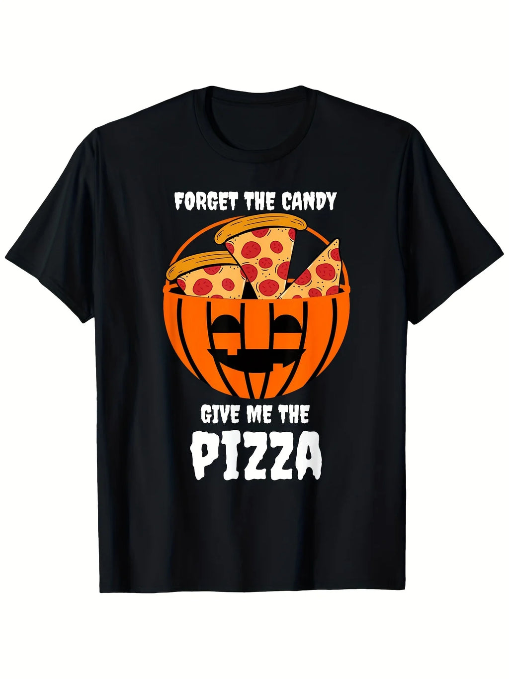 1pc Men's Funny "Forget The Candy Give Me The Pizza" Jack-O-Lantern Pizza T-Shirt - 100% Cotton Soft Retro Casual Round Neck Tee Suitable for Gym, Outdoor Activities, Costumes & Daily Wear - Machine Washable Funny Gift for Pizza Lovers