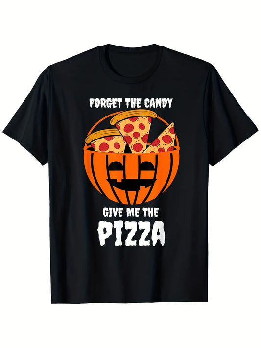1pc Men's Funny "Forget The Candy Give Me The Pizza" Jack-O-Lantern Pizza T-Shirt - 100% Cotton Soft Retro Casual Round Neck Tee Suitable for Gym, Outdoor Activities, Costumes & Daily Wear - Machine Washable Funny Gift for Pizza Lovers