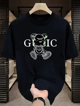 Summer New Pure Cotton Short-sleeved T-shirt for Men, Round-neck Bear Letter Printed Casual Versatile Trendy Top Men Clothing