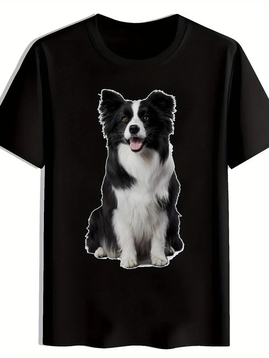 Trendy Men's Black Graphic T-Shirt Border Collie Dog Portrait Black and White Fur Sitting Pet Illustration Print 100% Cotton Heavyweight Short Sleeve Casual Streetwear Tee