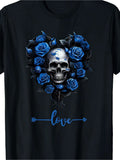 Men's Valentine S Day Blue Rose Skull Love Graphic Oversize T-shirt Soft Cotton Casual Fit Short Sleeve Tee Machine Washable Rock Inspired Design for Casual Attire Special Occasions Comfortable Round Neck