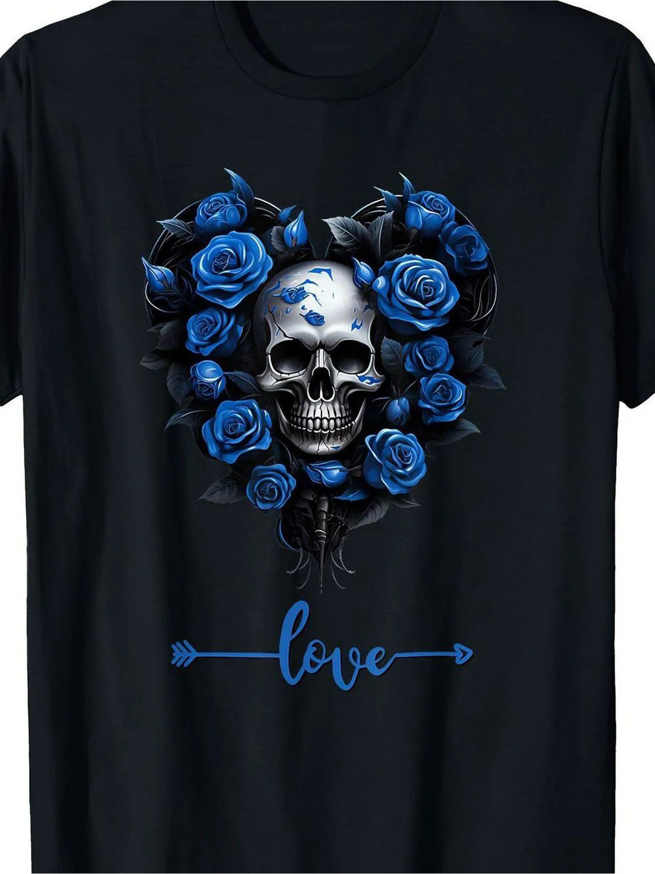 Men's Valentine S Day Blue Rose Skull Love Graphic Oversize T-shirt Soft Cotton Casual Fit Short Sleeve Tee Machine Washable Rock Inspired Design for Casual Attire Special Occasions Comfortable Round Neck