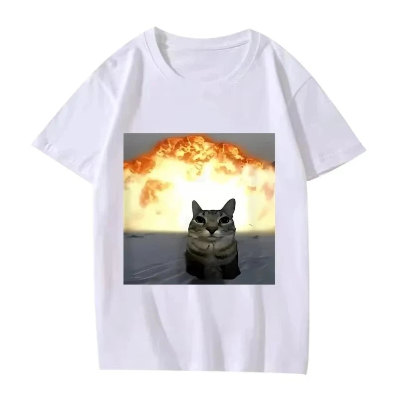 Whimsical Cat Explosion Graphic T Shirt Men Women Funny Hot Sale Short Sleeve Summer Print Unisex Tops Hot Emoji Printed
