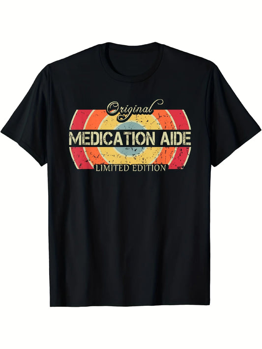 Vintage Medication Aide Worker T-Shirt - Funny Assistant & Nurse Tech Graphic Print, Retro Healthcare Worker Tee, Comfortable Round Neck Short Sleeve Shirt for Hospital Staff, Nursing Students & Caregivers