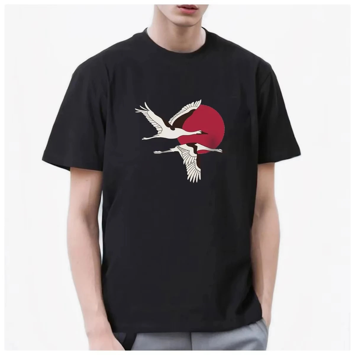 HOT SALE Dongdongjing Cherry Blossom White Crane Fan Beautiful Tee Men T Shirt Women Fashion Soft Comfortable Cotton Casual Top
