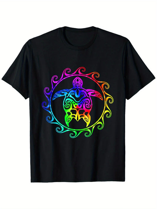 Trendy Men's Black Graphic T-Shirt Rainbow Sea Turtle Tribal Swirl Circle Ocean Animal Colorful Illustration Print 100% Cotton Heavyweight Short Sleeve Casual Streetwear Tee