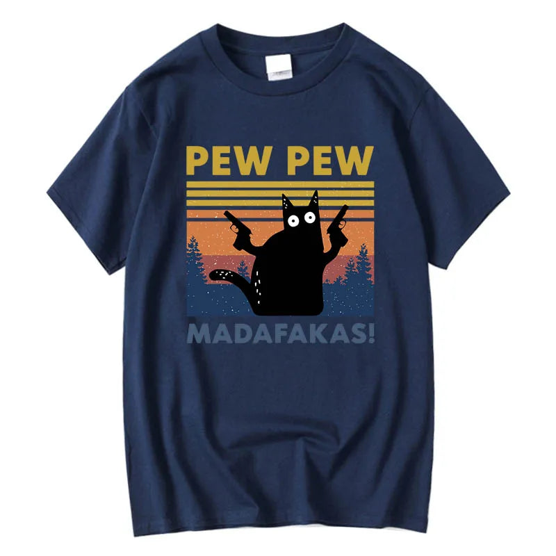 Pew Pew Madafakas T-shirt Men Short Sleeve Novelty Funny Cat T Shirt Cotton Loose Tops Shirts Tee T-Shirt Crew Neck Streetwear