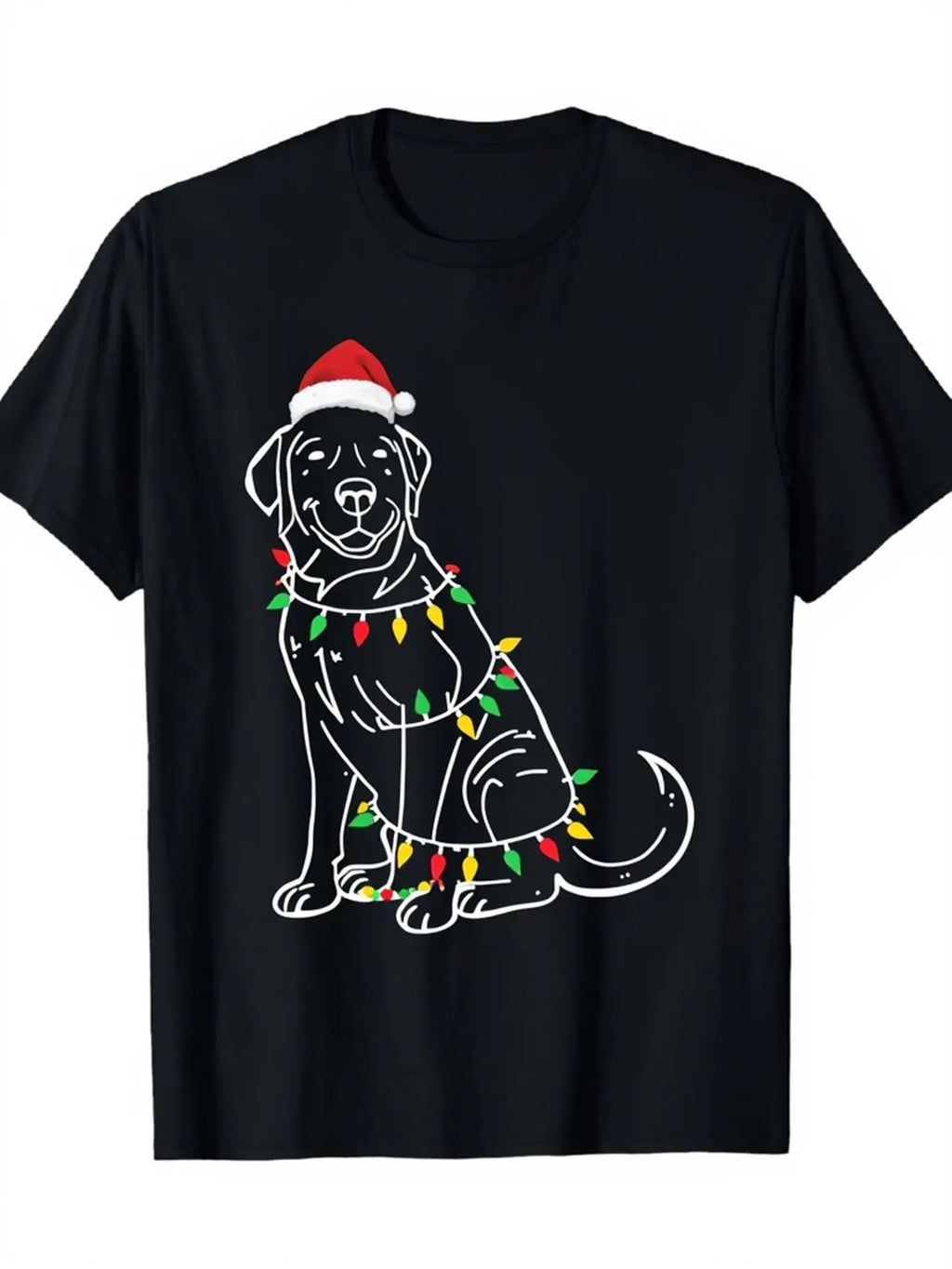 Funny Men's Black Graphic T-Shirt Dog Santa Hat Christmas Lights Outline Pet Holiday Print 100% Cotton Heavyweight Short Sleeve Casual Streetwear Tee