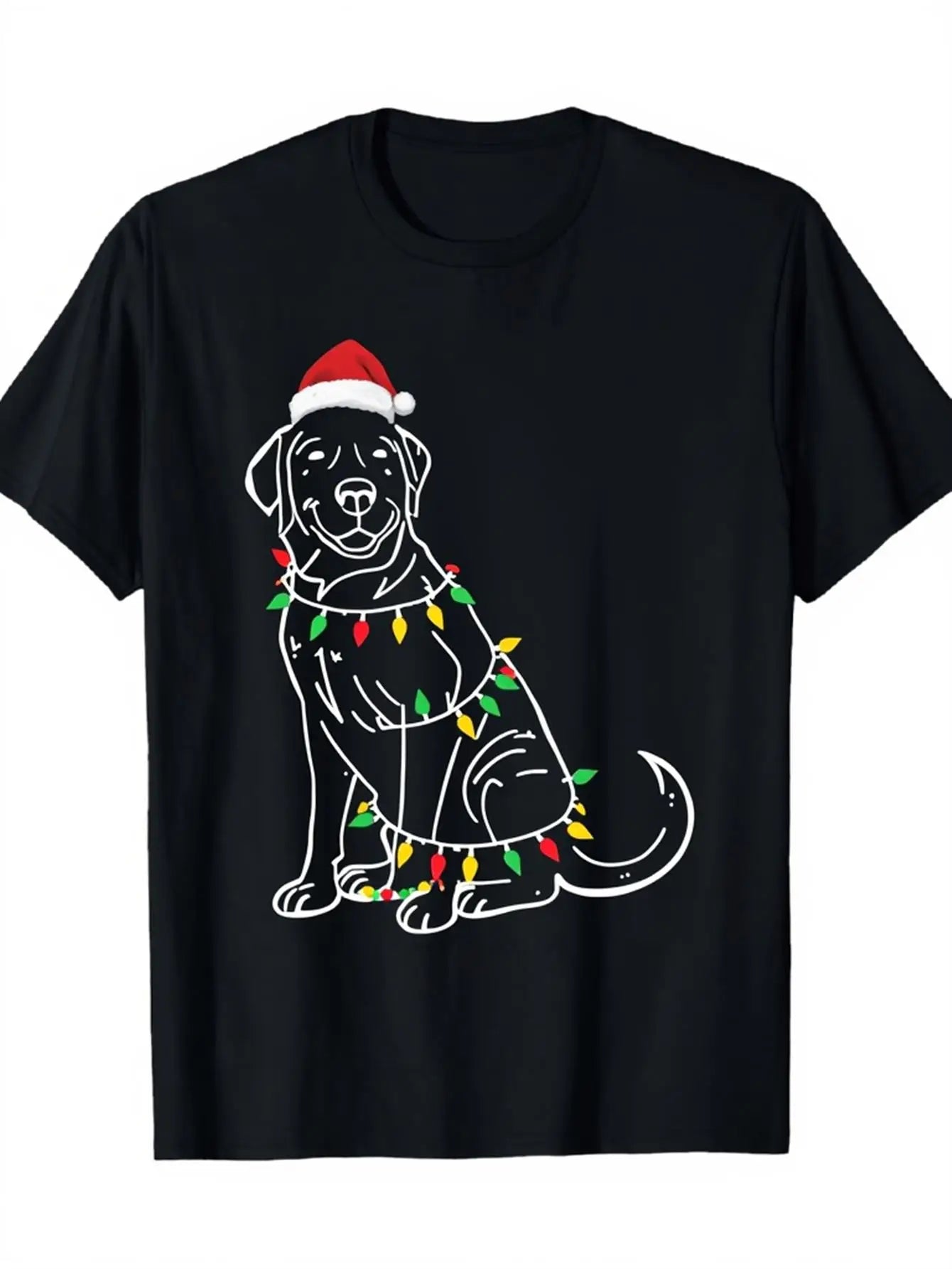 Funny Men's Black Graphic T-Shirt Dog Santa Hat Christmas Lights Outline Pet Holiday Print 100% Cotton Heavyweight Short Sleeve Casual Streetwear Tee