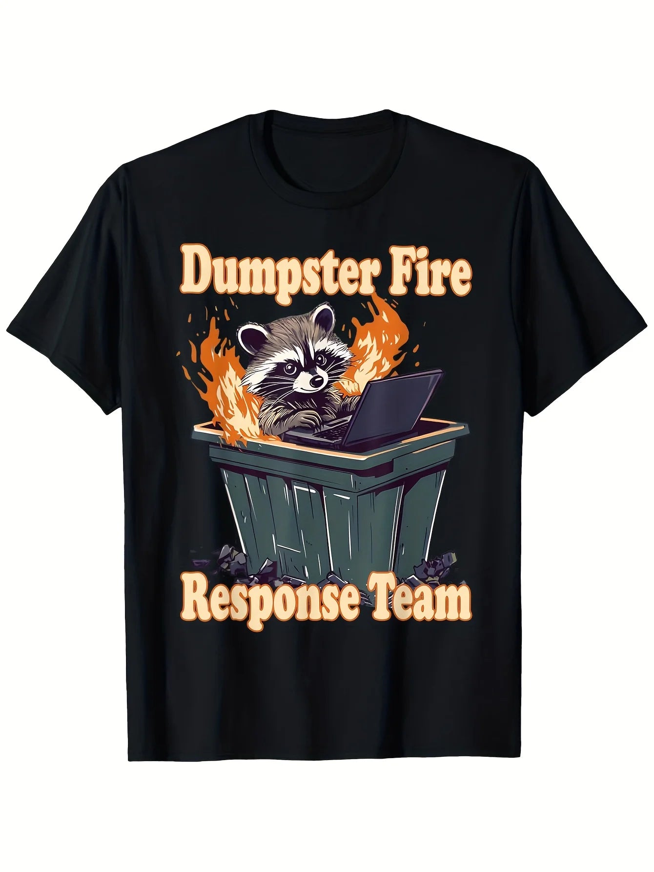 Dumpster Fire Raccoon Graphic T-Shirt - Humorous Unisex Casual Tee, 100%, Loose Fit Short Sleeve, Black with Orange Print, S-XXXL, Raccoon Shirt, Casual Short Sleeve Tee Soft, Comfortable & Machine Washable-Ideal for Casual Attire & Unique Gift