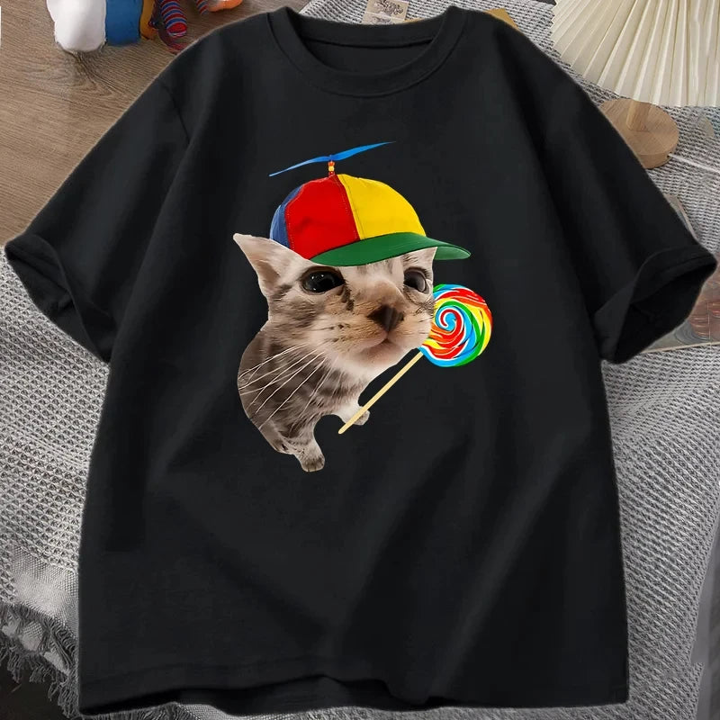 HOT SALE Funny Cat Design T-shirt for Men and Women Harajuku Short Sleeve Casual Breathable Loose Round Neck T-shirt Top Y2K Top