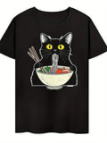 Funny Men's Black Graphic T-Shirt Cat Eating Noodles Ramen Bowl Chopsticks Tomato Egg Cute Food Illustration 100% Cotton Heavyweight Short Sleeve Casual Streetwear Tee