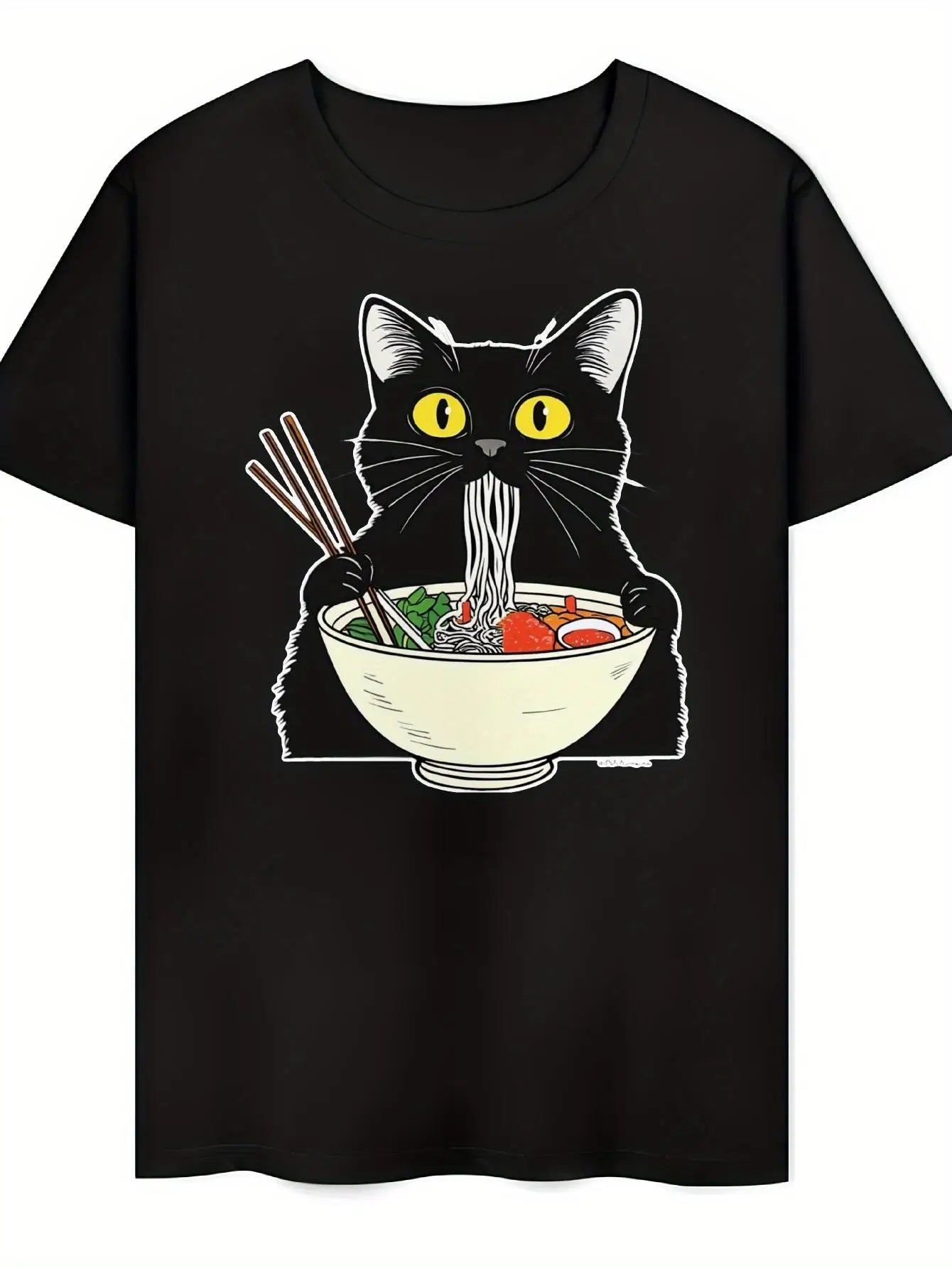Funny Men's Black Graphic T-Shirt Cat Eating Noodles Ramen Bowl Chopsticks Tomato Egg Cute Food Illustration 100% Cotton Heavyweight Short Sleeve Casual Streetwear Tee