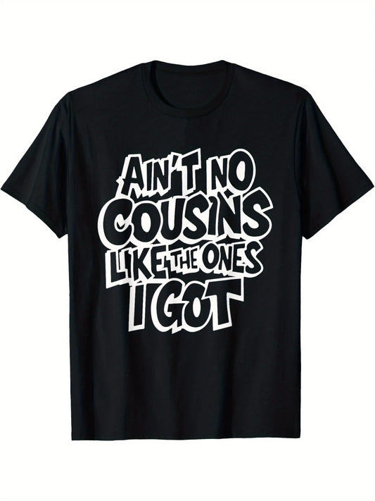 Fun Cousin T-shirt, Casual Round-neck Short-sleeve T-shirt, Breathable Fabric, Slightly Stretchy, Summer Fashion Top, Regular Fit, Summer Trendy T-shirt, PLUS SIZE