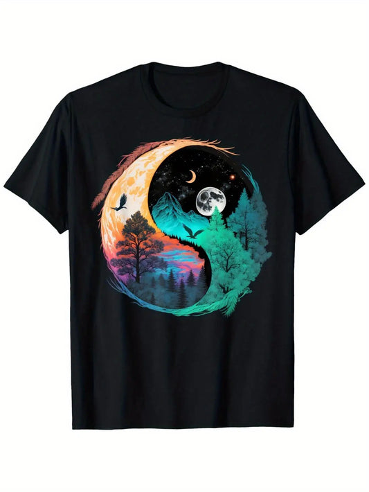 Vintage Men's Black Graphic T-Shirt Yin Yang Moon Mountain Forest Lake Bird Sunset Night Sky Print 100% Cotton Heavyweight Short Sleeve Casual Streetwear Tee