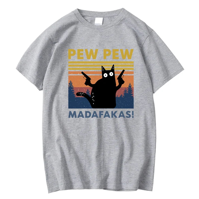 Pew Pew Madafakas T-shirt Men Short Sleeve Novelty Funny Cat T Shirt Cotton Loose Tops Shirts Tee T-Shirt Crew Neck Streetwear