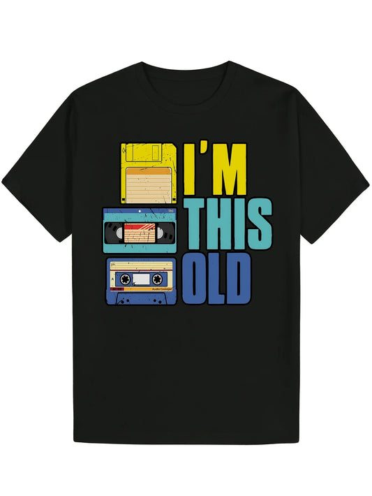 Retro Men's Black Graphic T-Shirt Floppy Disk Vhs Cassette Tape I'M This Old Bold Letter Print 100% Cotton Heavyweight Short Sleeve Casual Streetwear Tee