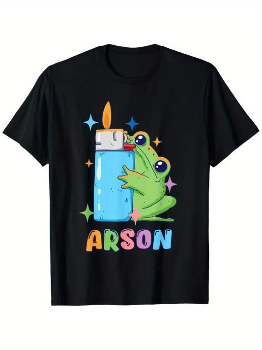 PLUS SIZE Men's Funny Arson Frog Matchstick & Flames Graphic T-Shirt - Soft Breathable Black Cotton Tee with Pyro Comic Design, Costume Outfit (S-XXXL) - Perfect Gift for Dark Humor Fans & Comedy Lovers