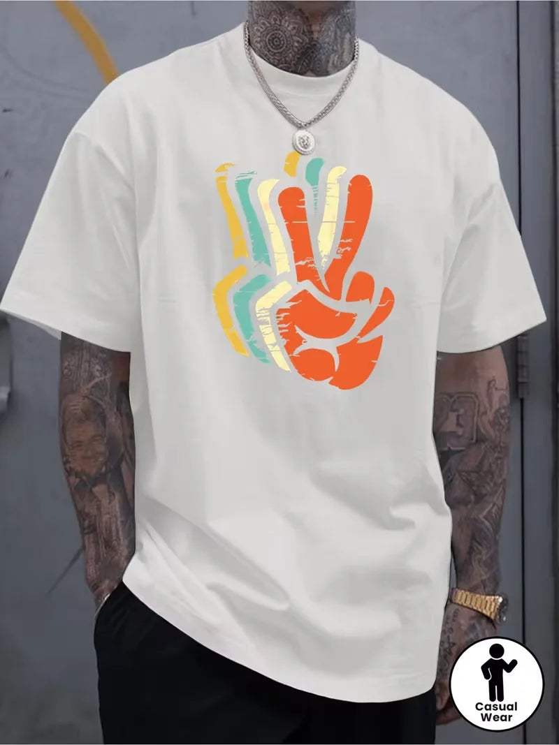 Men's Retro Pattern Printed Short Sleeve T-Shirt Black Base Shirt Abstract Gesture Design, Regular Fit, Casual Summer T-Shirt