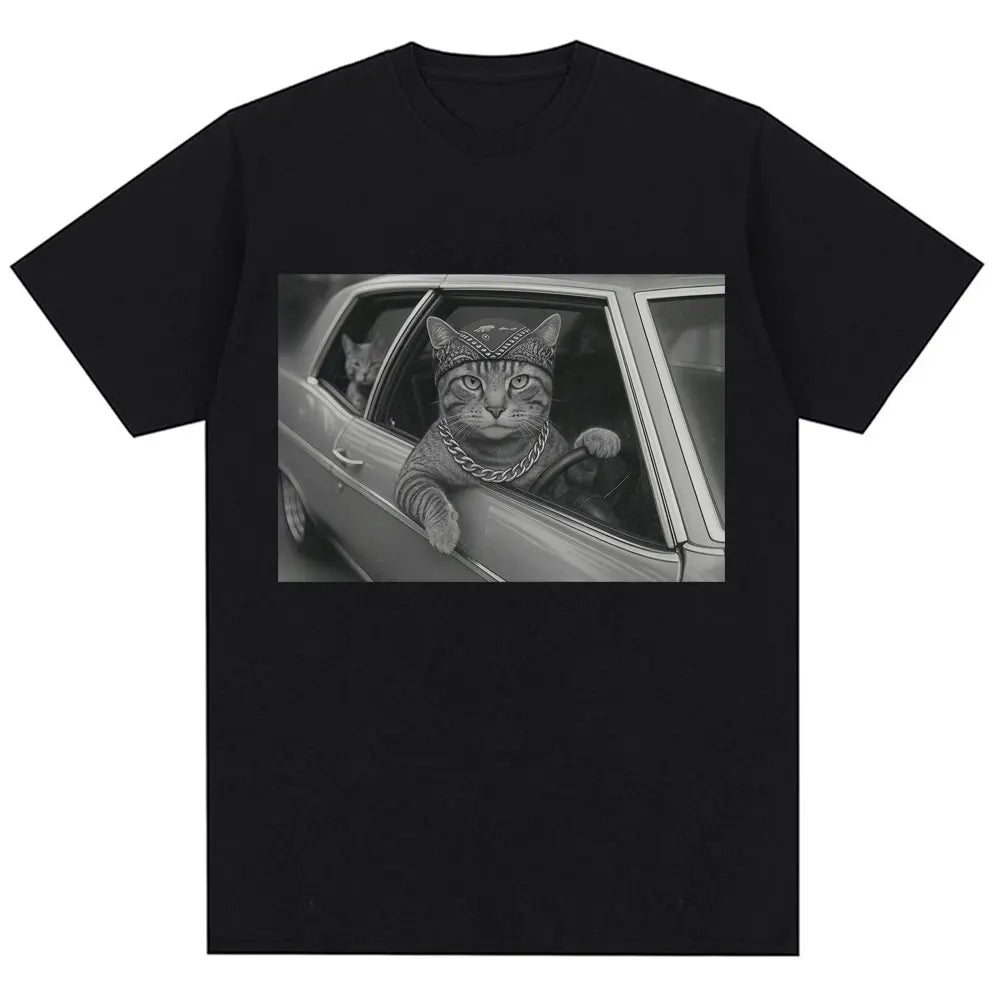 HOT SALE Funny Cat Gang Memes Retro T-shirts Men Women Fashion Cool T-shirts Super Quality Cotton Casual Summer T-shirts Street