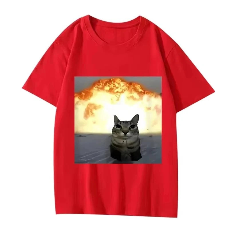 Whimsical Cat Explosion Graphic T Shirt Men Women Funny Hot Sale Short Sleeve Summer Print Unisex Tops Hot Emoji Printed