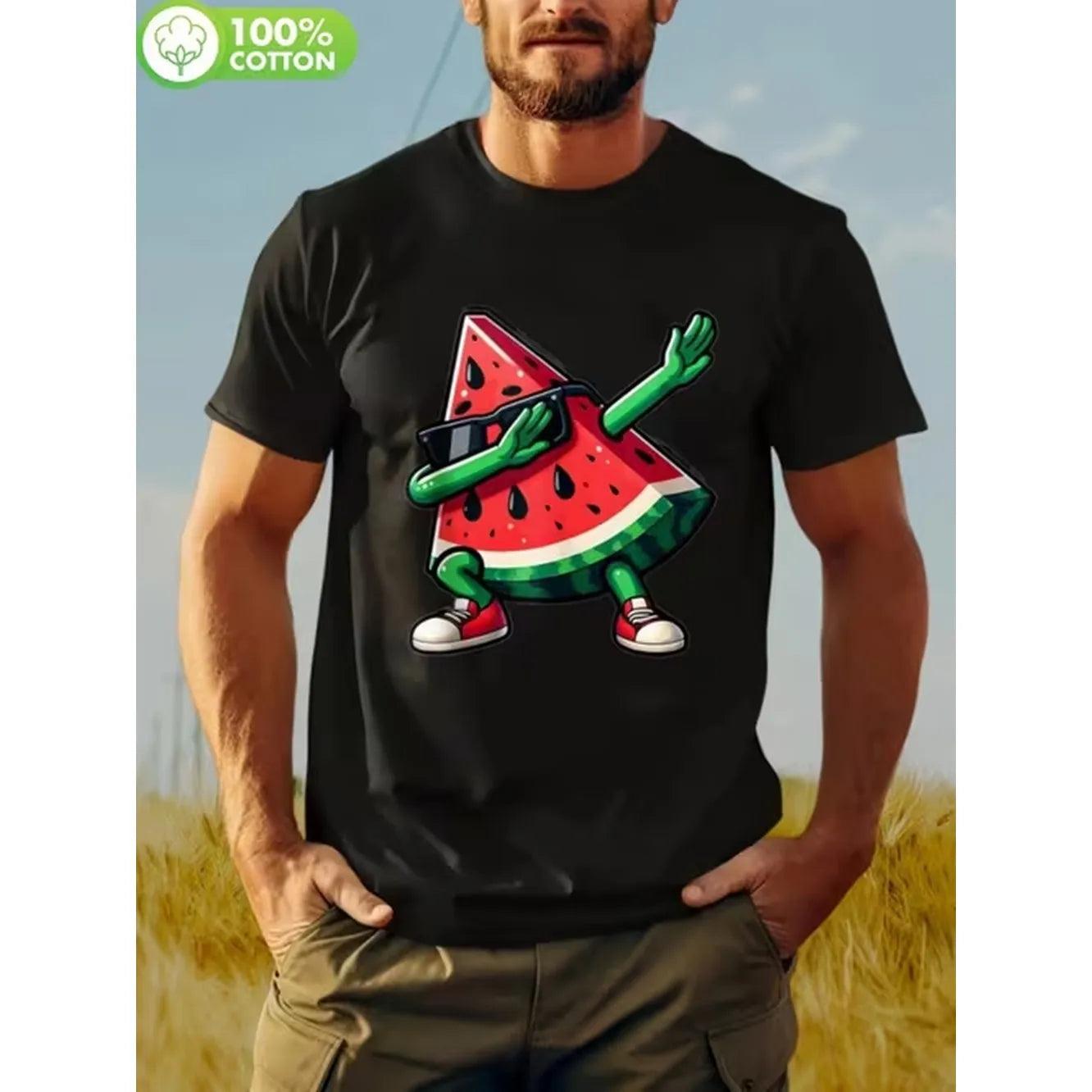 item picture mens t shirt with watermelon design 100 soft and breathable summer tee featuring a fun smiling fruit and stylish glasses casual round neck short sleeve shirt ideal for outdoor activities and pool parties black