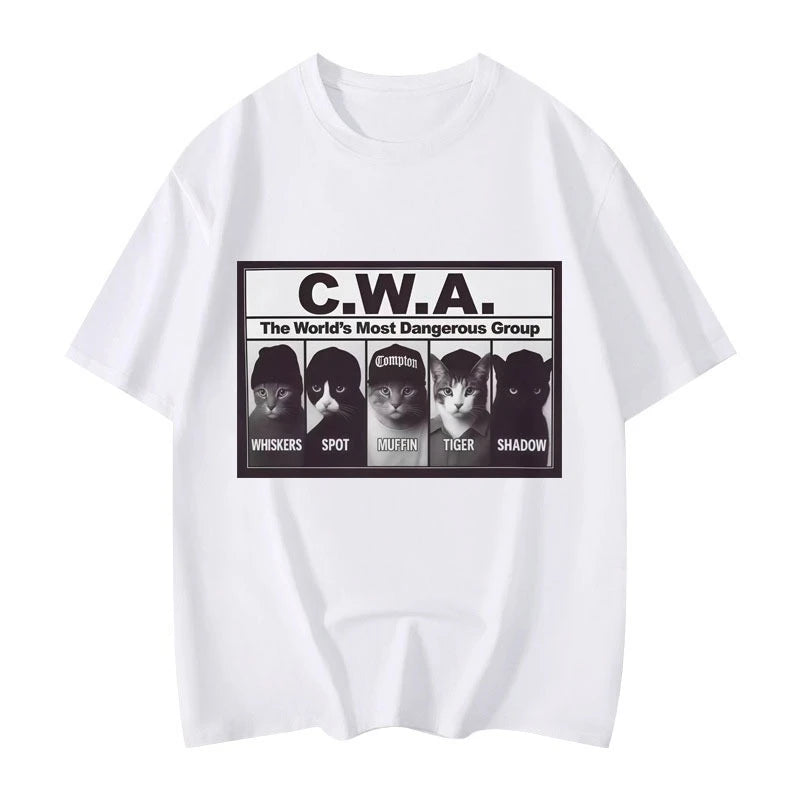 HOT SALE CWA The Worlds Most Dangerous Group Funny Cat Meme Graphic T Shirts Fashion Vintage Short Sleeve T-shirt Cotton T-shirt
