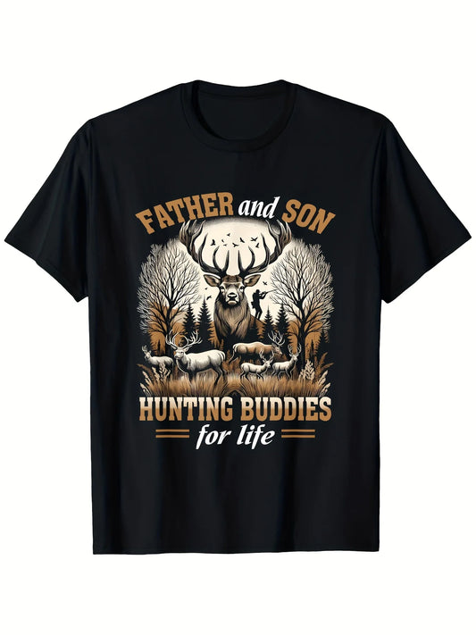 Father & Son Hunting Buddies for Life Graphic T-Shirt - 100% Relaxed Fit Men'S Tee with Deer & Pine Tree Design, Machine Washable, Sizes S-XXXL, Classic Retro Style, Round Neck Short Sleeves, Ideal for Casual SportWear