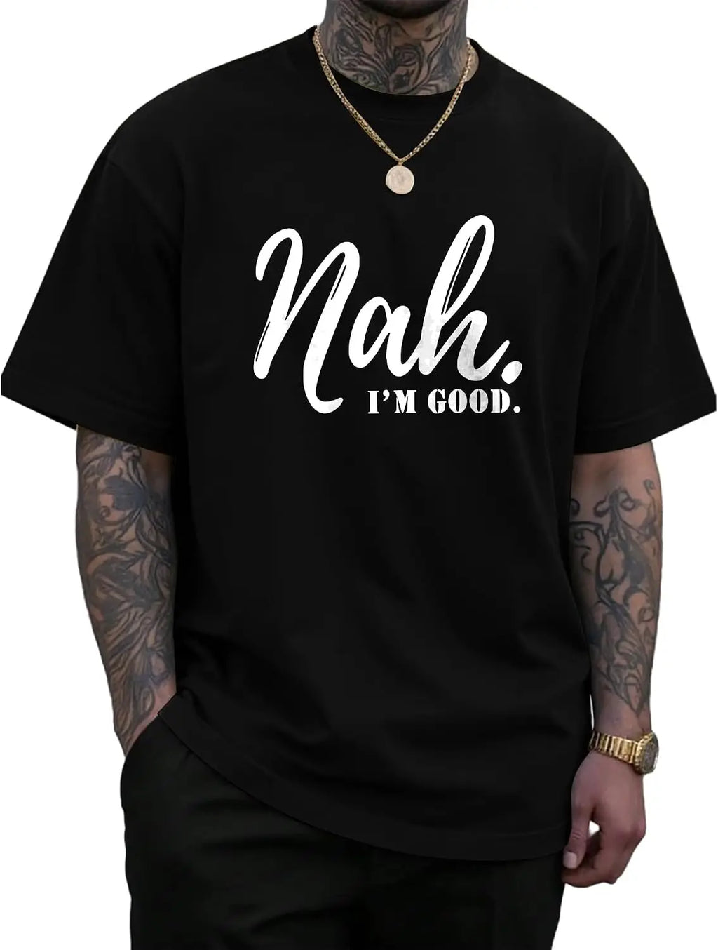 KUYIGO Mens T Shirts Funny Letter Graphic Nah, I’m Good. Summer Casual Streetwear Short Sleeve Tee