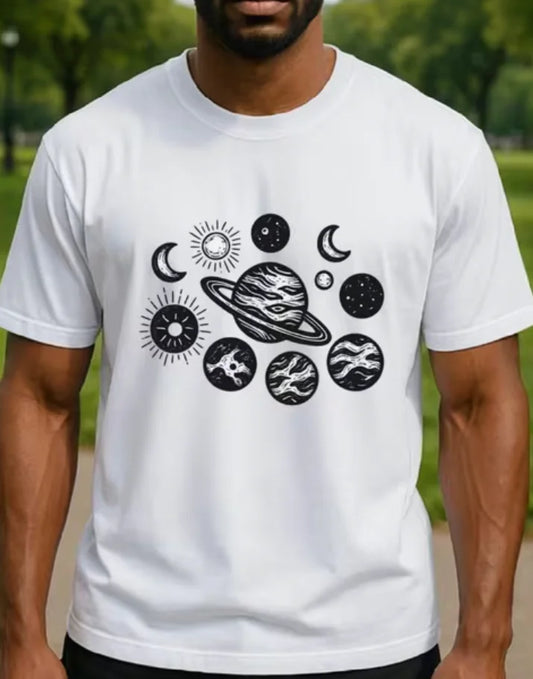 A Short-Sleeved Shirt Featuring A Cosmic Romance Design, Hand-Drawn and A Dreamy Starry Sky Print Fitness Business Cas T-shirt