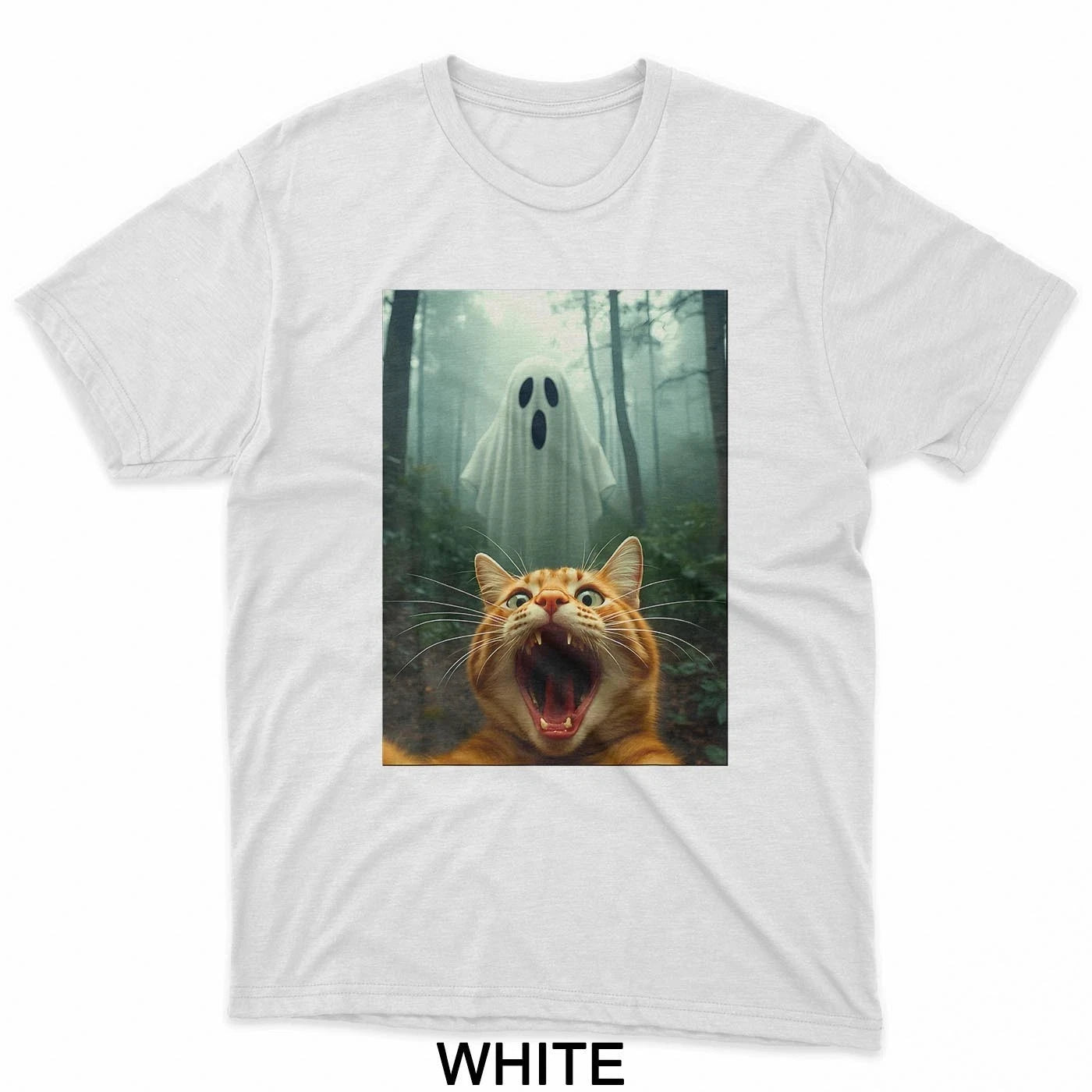 HOT SALE Cat Selfie with Ghost Halloween Kitty Spooky Ghost in Forest T-Shirt Tee Soft  Round-neck Tee Streetwear Style
