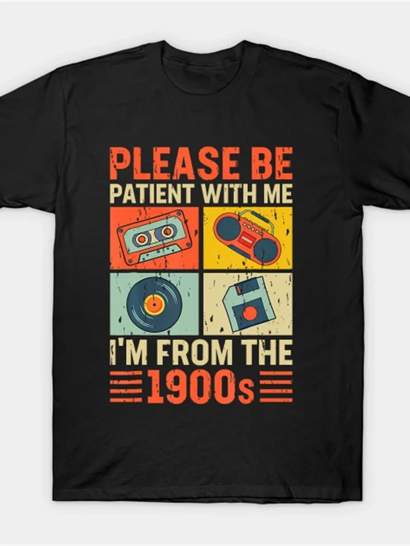 Vintage 1900s T-Shirt with Retro Media Icons (Tapes, Vinyl, Floppy Disk) - Soft Breathable Fabric Suitable for Style Enthusiasts, Plus Size Available, Nostalgic 2000s-Accessioned Design